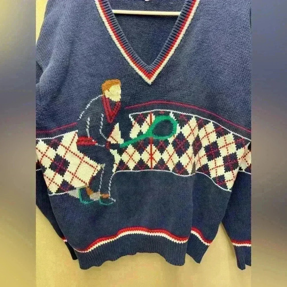 Lazarus Vintage Hand-loomed Sweater Tennis Player with Argyle Design Size Large - Picture 4 of 9